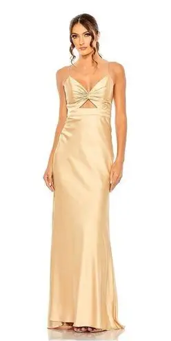 Mac Duggal Long Formal Dress Gold Tie Front with Key Hole Detail in Champagne