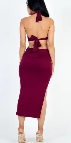 NEW Burgundy Wine Front Cut Out Halter Neck Back Tie Midi Dress Size M