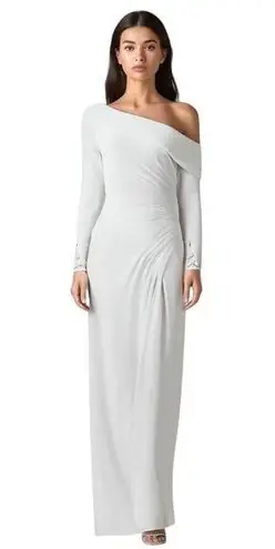 Mac Duggal White Beaded Cuff Drop Shoulder Gown 6 Faux Wrap Ruched Dress READ