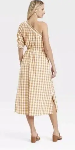 Who What Wear New  One Shoulder Cut Out Midi Summer Dress Gingham Honey Mustard 2X