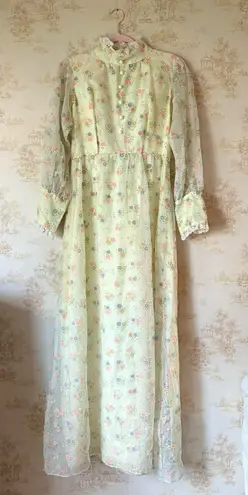 Vintage 60s 70s yellow floral maxi long sleeve cottagecore retro prairie dress Size M