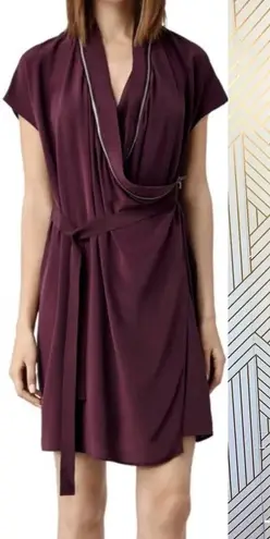 ALLSAINTS Adria Silk Zipper Dress Short Sleeve Draped Purple Burgundy Size US 2