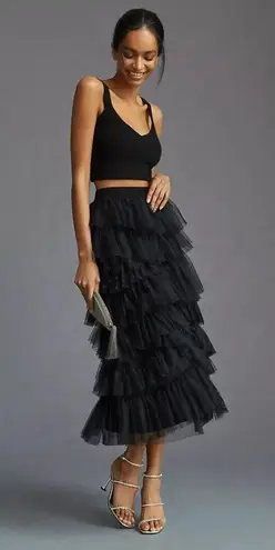 Anthropologie NWT By  Ruffled Tulle Midi in Black Tiered Lace Skirt M $180