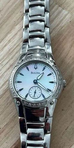 Bulova Diamonds Ladies Watch Pearl Dial Stainless Bracelet Blue Markers 96R55
