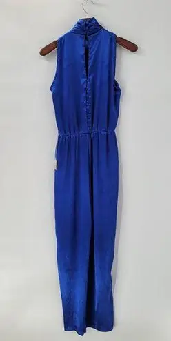 VTG Womens Jumpsuit M Shiny Royal Blue Shirred Button Belted Sleeveless Keyhole Size M