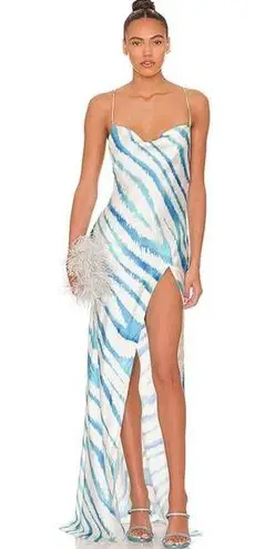 Retrofete Amika Dress in Blue Zebra Size Small Sleeveless Maxi Silk Thigh Slit