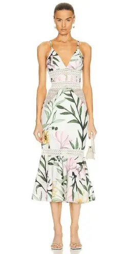 PatBO JAsmin Fitted Midi Dress in White 0 New Womens Floral Resort Green