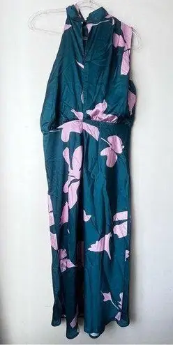 Petal and Pup Anabelle Green & Pink Floral Satin Halter Neck Midi Dress L