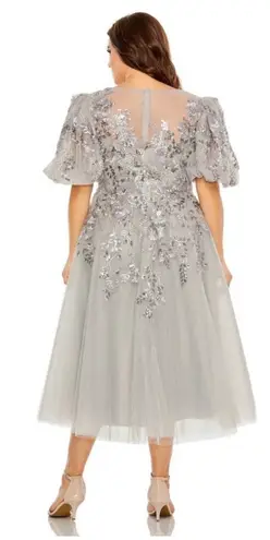 Mac Duggal 20475 Silver Gray Sequin Beaded Tulle Midi Dress Size 12 NWT