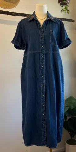 White Stag Vintage 90s Cotton Denim Pearl Snap Button Down Short Sleeve Dres Size 12/14