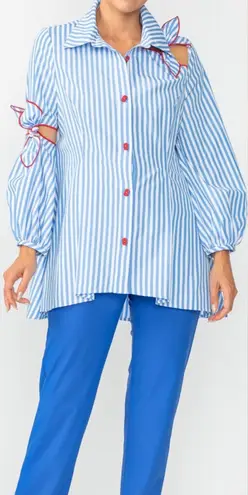 IC Collection Striped Cutout Blouse With Red Accents ~ Size Small 💛🍄 Blue