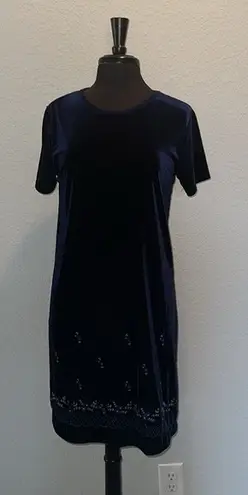 SWAT Velvet Blue Shift Dress with Blue Floral Beaded Embroidery Vintage 90s Size 18