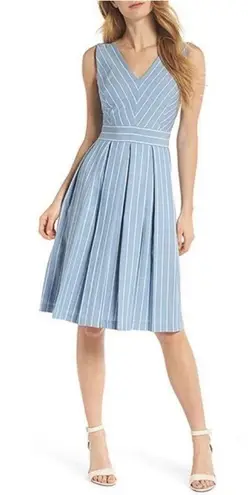 Gal Meets Glam  Blue Stripe Sleeveless Back Bow V Veck Flare Samantha Dress 8