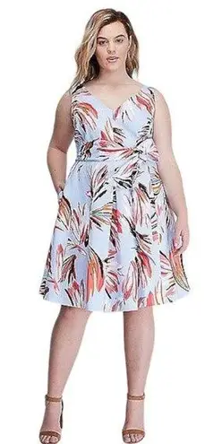 Lane Bryant  Tropical V Neck Brush Stroke Sleeveless Belted Dress Light Blue 24