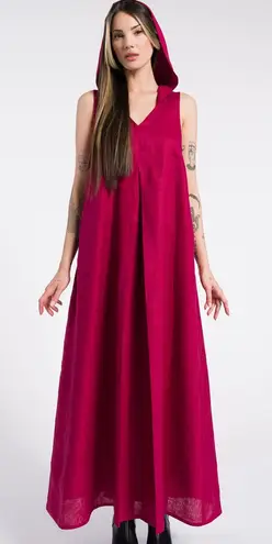 Aakasha Raspberry Red Linen Front Pleated Hood Sleeveless Lagenlook Maxi Dress Size XL