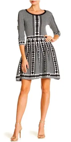 Nina Leonard Black and White Geometric Print Fit & Flare Sweater Dress NWT