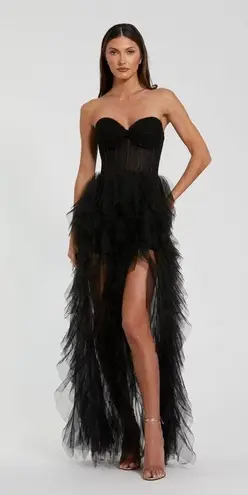 Mac Duggal 27532 Black Strapless Bustier Net Gown With Spiral Ruffles