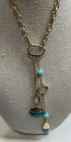 NWT Gold Long Chain Necklace, Turquoise & Teal Accents & Beads & Hammered Gold