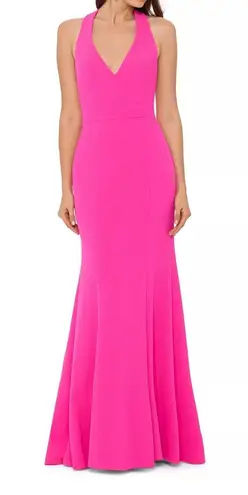Betsy and Adam Bow-Back Hot Pink Evening Gown