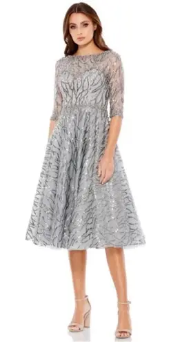 Mac Duggal 20252 Beaded Illusion Neck A-Line Midi Dress Platinum 4