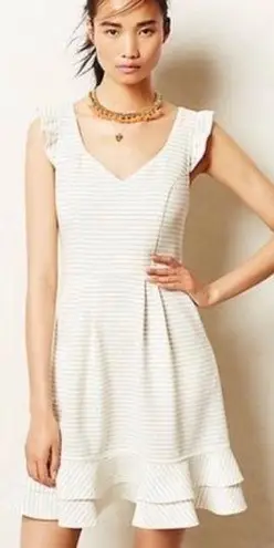 Maeve Anthropologie  White Striped Sunland Ruffle Hem Flutter Sleeve Dress Size 0