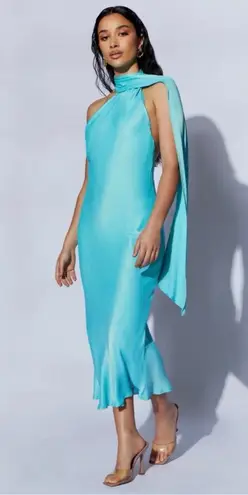 Meshki Astrella Neck Wrap Midi A Line Dress in Turquoise
