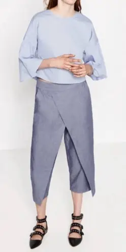 ZARA  Origami Crossover Cropped Tapered Blue‎ Chambray Pants Side Pockets Size XS - Image 1