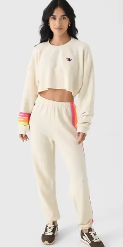 Aviator Nation Vintage White Set Neon 5 Stripe Rugby Sweatshirt and Sweatpants