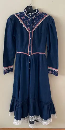 Gunne Sax 70s vintage calico denim midi prairie dress