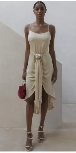 Cult Gaia Natasha Dress High Low Satin Tie Front Sand Nude