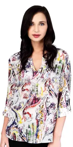 Tianello Washable Silk Blouse Size XL Blue Paisley Tunic 3/4 Sleeves Oversize