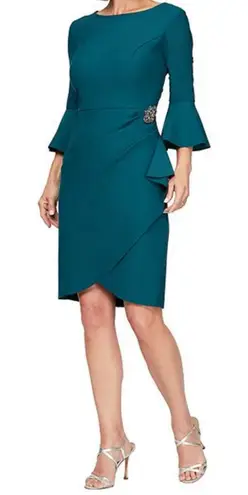 Alex Evenings Scuba Compression 3/4 Sleeve Ruffle Sheath Dress Teal size 2