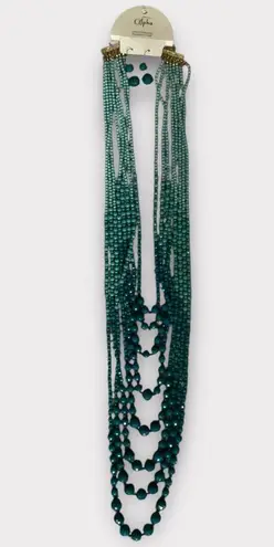 Women’s Beaded Long Layered Teal & Turquoise Necklace & Earring Set #1006 Green