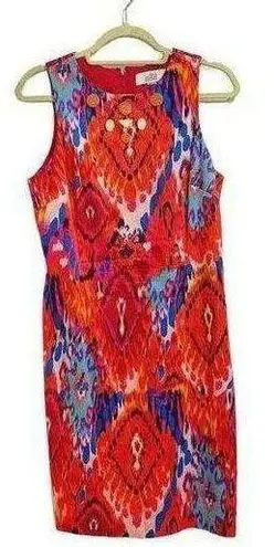 Badgley Mischka Belle Red Ikat Midi Sheath Dress with Enamel Bead Work at Chest