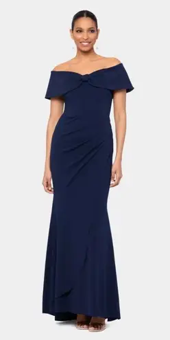 XScape NWT Scuba Off Shoulder Ruched Navy Bow Gown Size 12