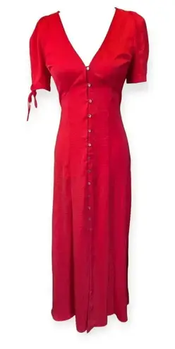 EXPRESS  Midi Dress Red Waist Defined Button Front Open Back Silky Holiday