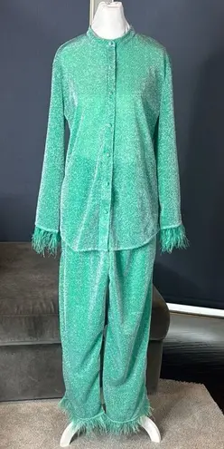 Women’s Sparkling Green Long Sleeve Feather Trim Pant Suit Set Size S **READ