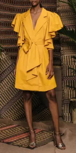 Johanna Ortiz Tulip Evolution Ruffle Shoulder Stretch Poplin Wrap Jacket Dress 8 Yellow