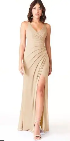 Azazie LEANDRA Champagne Mermaid V-Neck Pleated Mesh Dress Size 10 NWT