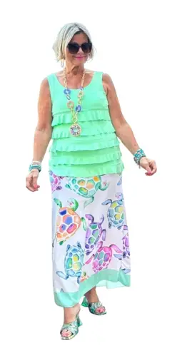 Cathy's Resortwear Women's Maxi Skirt with Colorful Sea Turtle Print (M) White Size M