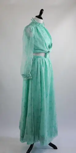 Vintage 70s Seafoam Chiffon Floral Print Blouse and Skirt 2 Piece Set Large