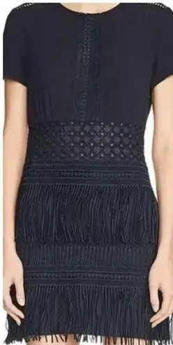 Maje Reia Nuit Sheer Lace Fringe Mini Dress Dark Blue