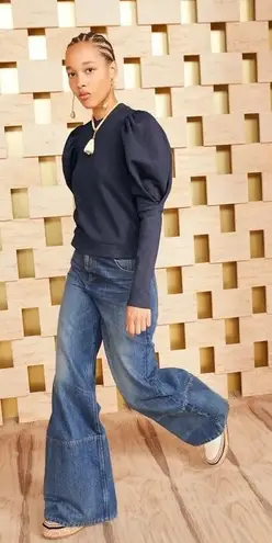 Ulla Johnson Philo Puff Sleeve Top Size Small Navy Blue Cotton Tweed Designer - Image 1