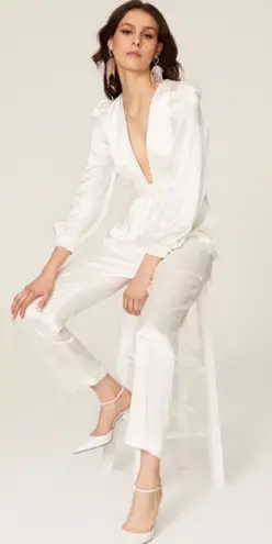 Mac Duggal Ieena for Long Sleeve Ruched Plunging Neck Satin Jumpsuit