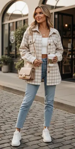 Charlie Holiday Preston Wool Blended Coat Sand Check Size Small NWT