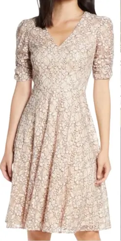 Eliza J NWT Cream Floral Lace Fit and Flare Ruched Sleeve Dress ~ Size 8 💚🍄