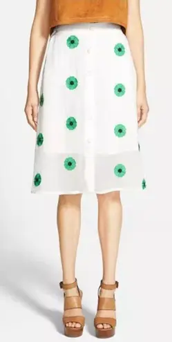 Sister Jane - White Embroider Flowers Primavera Button Front Midi Skirt