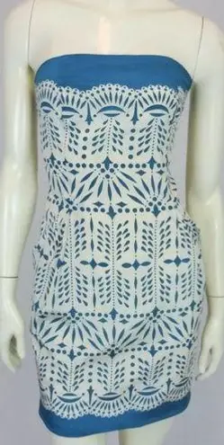 Mara Hoffman Silk Lace Print Strapless Mini Cream Small Ivory Blue Vintage S