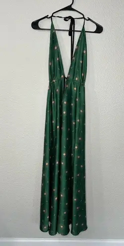 The Moon Beach Cult Ibiza Dress Green Sun V neck Halter Neck Satin Maxi Beach Resort