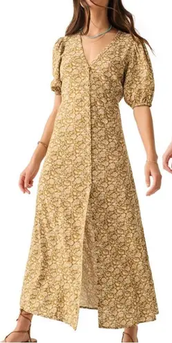 Faherty Havana Golden Theodora Floral Button Down Puffed Sleeves Maxi Dress M Gold Size M